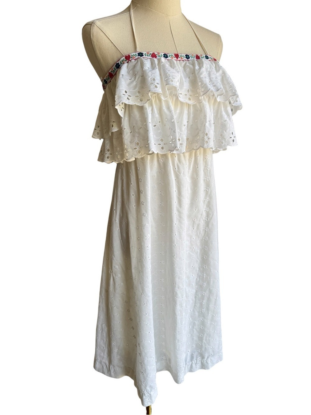 Vintage Eyelet Lace Sundress Girls XS White Sleeveless Ruffle Summer Dress